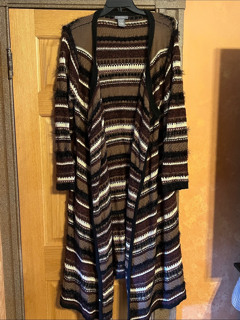 Long Open-Front Striped Cardigan Sweater in Brown, Cream & Black